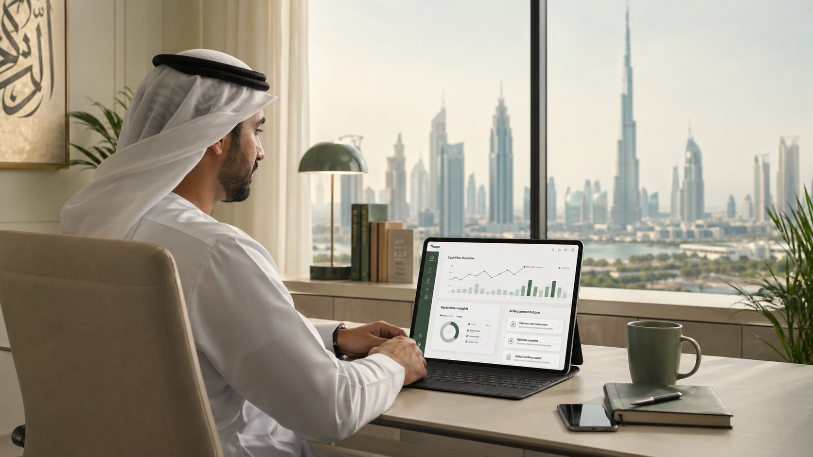 UAE business professional reviewing a financial dashboard with the Dubai skyline at golden hour